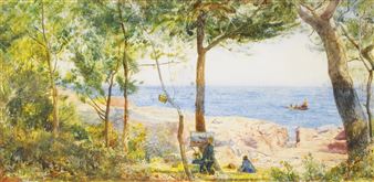 An Artist Painting by the Sea: Mediterranean Coastal Scene - John William Inchbold