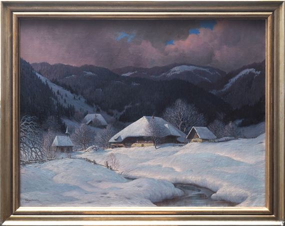 Verschneites Schwarzwaldtal, im Vordergrund ein mächtiges Bauernhaus mit Nebengebäude und Kapelle by Karl Hauptmann
