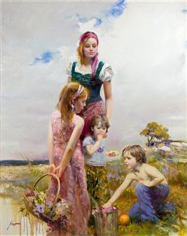 Lady with Children on Beach - Giuseppe Pino