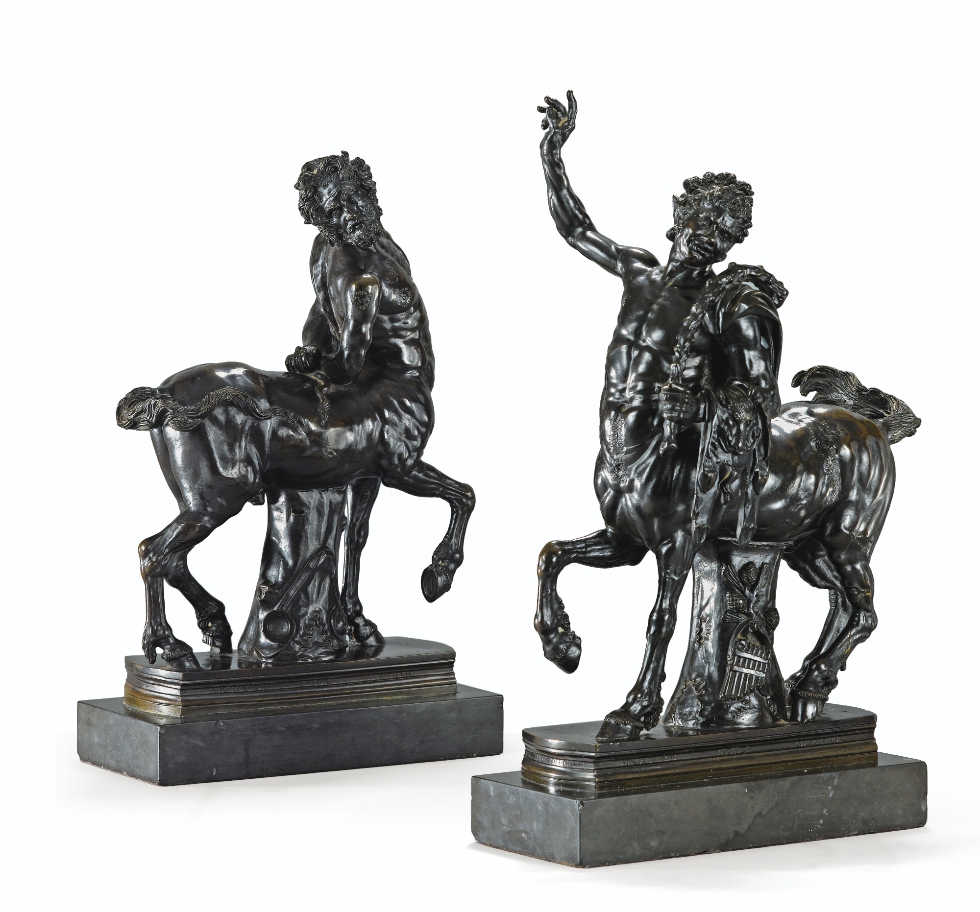 Artwork by Giacomo Zoffoli, Pair of Furietti Centaurs, Made of Bronze with brown patina on grey marble base