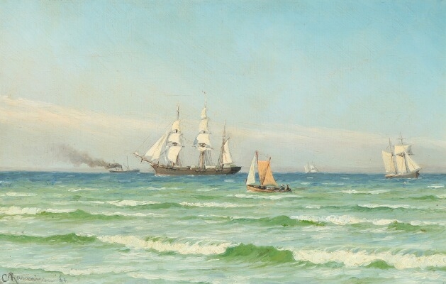 Hans Sophus Carl Rasmussen | Coastal scenery with numerous ships ...