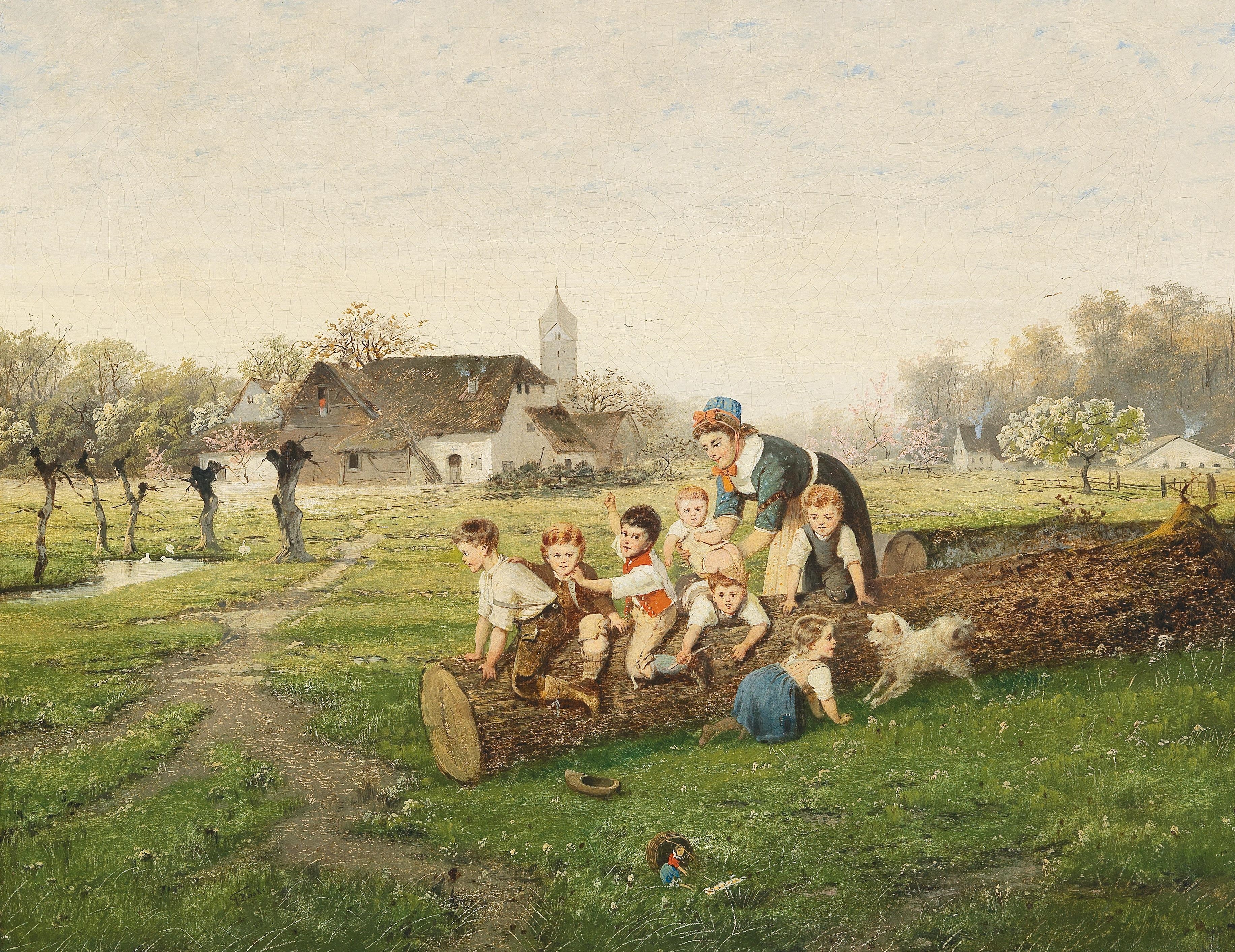 Children Playing and a Pomeranian by Fritz Beinke