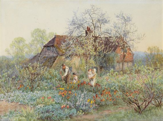 A gardener in a cottage garden by Helen Allingham