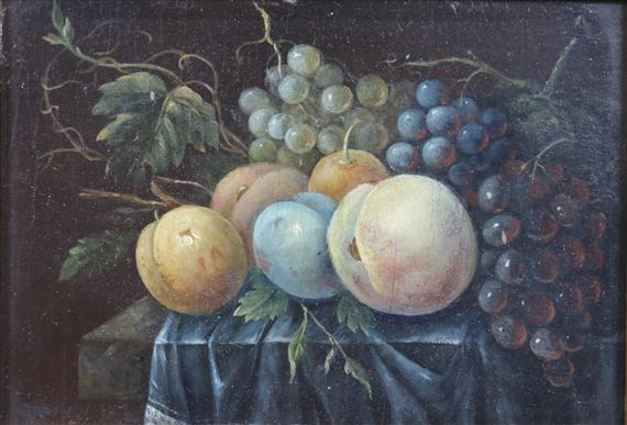 Stilleven met druiven, pruimen en perzik by Adrianus Apol