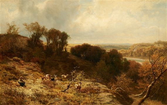 Goatherd with animals in a wide landscape by Arnold Steffan