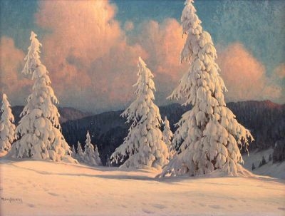 Artwork by Karl Hauptmann, Verschneite Tannen im Abendrot, Made of oil on canvas
