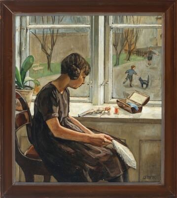 Interior with a young woman by Anna Maria Mehrn