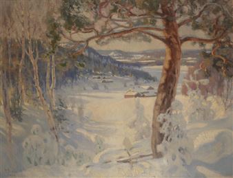 AN EXTENSIVE APLINE LANDSCAPE WITH TREES TO THE FOREGROUND AND CABINS IN A VALLEY - H. Biele