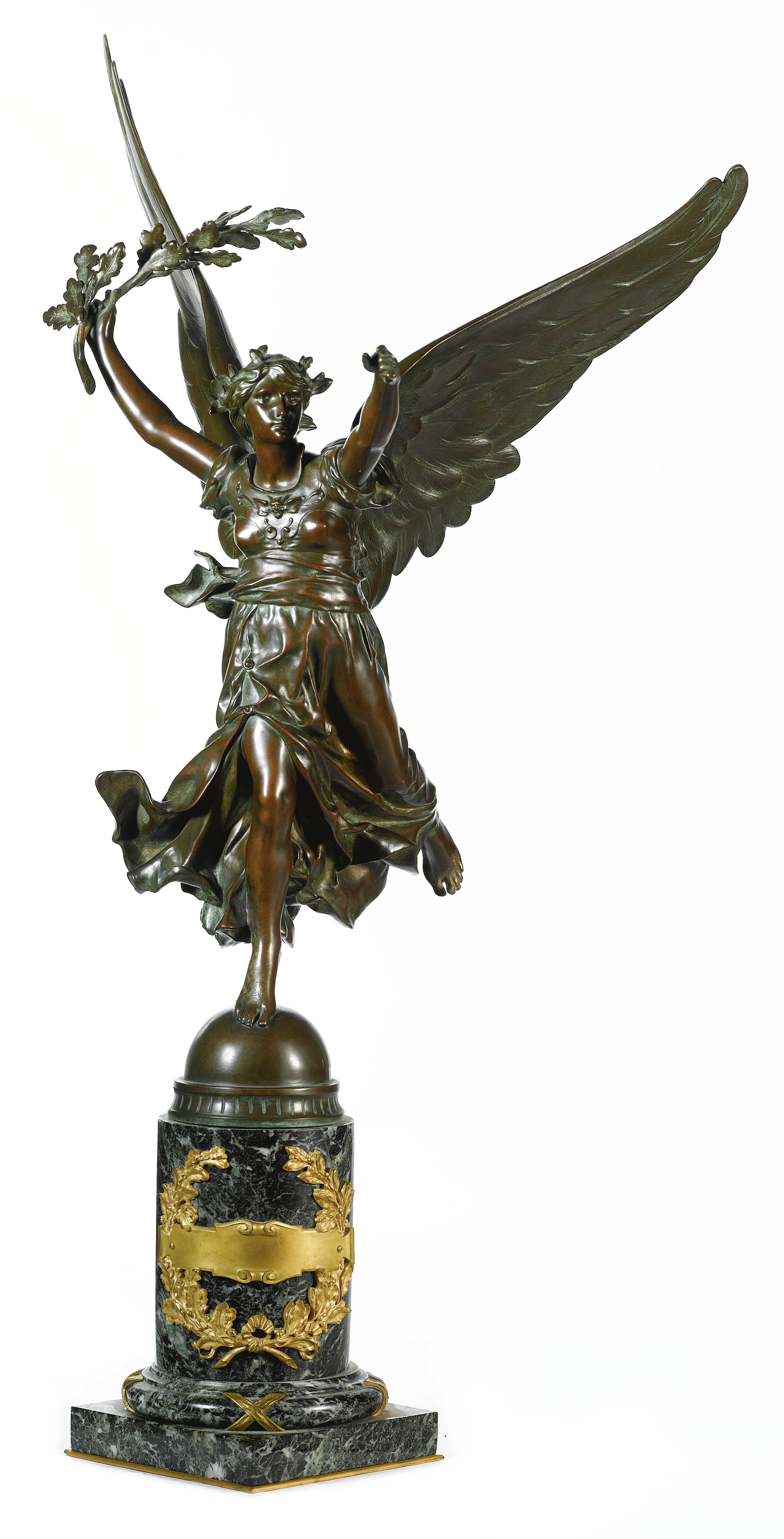 Artwork by Jules Pierre Roulleau, LA VICTOIRE, Made of bronze, dark brown patina with green highlights, surmounded on a gilt bronze mounted vert de Maurin marble base. 