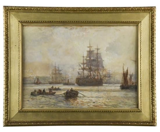 HMS Victory in harbour with a steamship passing by by Bernard Finegan Gribble