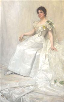 A formal portrait of a seated figure in an elaborate white gown with floral details.