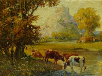 Hilltop Castle with Cattle Watering in the Foreground - R. A. R.