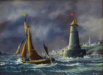 A dramatic seascape painting featuring a sailing vessel navigating turbulent waters near a lighthouse under a stormy sky.