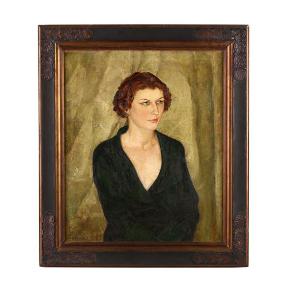 A formal portrait of a woman with red hair in a dark dress against a muted green background.