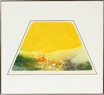 A geometric composition featuring a trapezoid containing a landscape of yellow sky and green hills.
