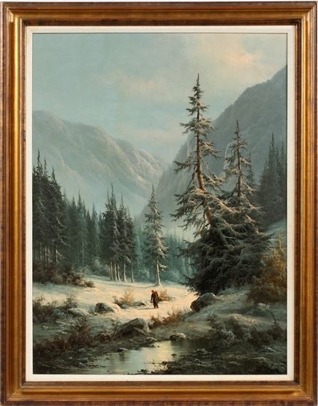 Winter Scene, Man Hiking At Night by Ludwig Muninger