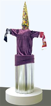 A surreal sculpture featuring a purple shirt torso with metallic legs and a colorful cone head.
