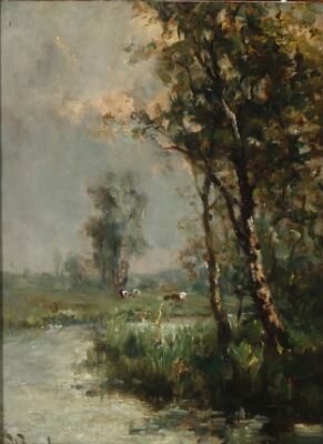 Summer landscape with a Serpentine Stream and Grazing Cows by George A. Boyle