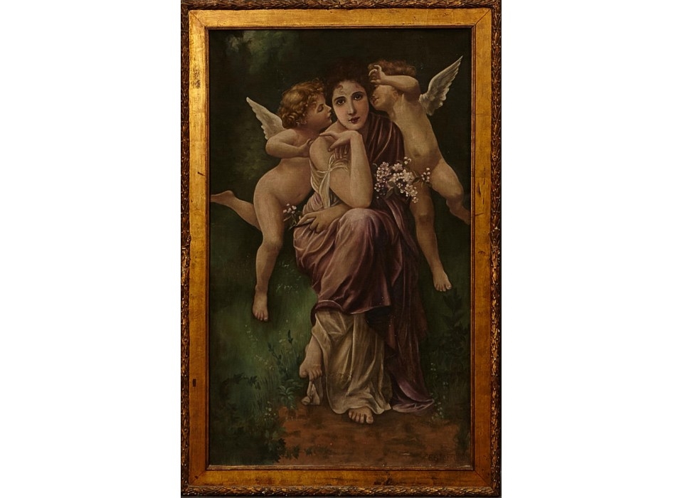 Artwork by F. Stafford, Classical Woman Kissed by Cherubs, Made of oil on linen