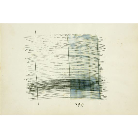 An abstract composition featuring intersecting lines and a central blue-green wash on aged paper.