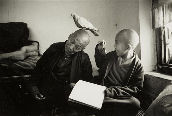 12 year old Tulka Khentrul Lodro Rabsel with his tutor, Lhagyel, Shechen Monastry, Bodnath, Nepal by Martine Franck, 1996