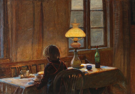 The artist's son Lars Jacob (Zakker) sitting at the dining table by Fritz Syberg, 1907–1908
