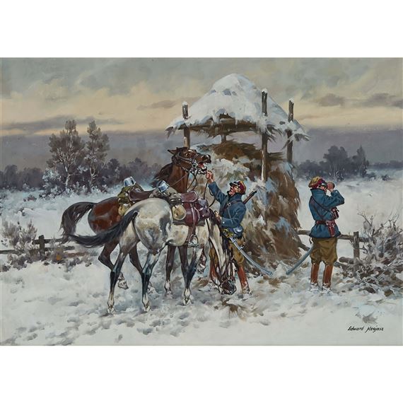 WINTER PATROL (TWO POLISH OFFICERS AND THEIR HORSES IN SNOW) by Edward Mesjasz