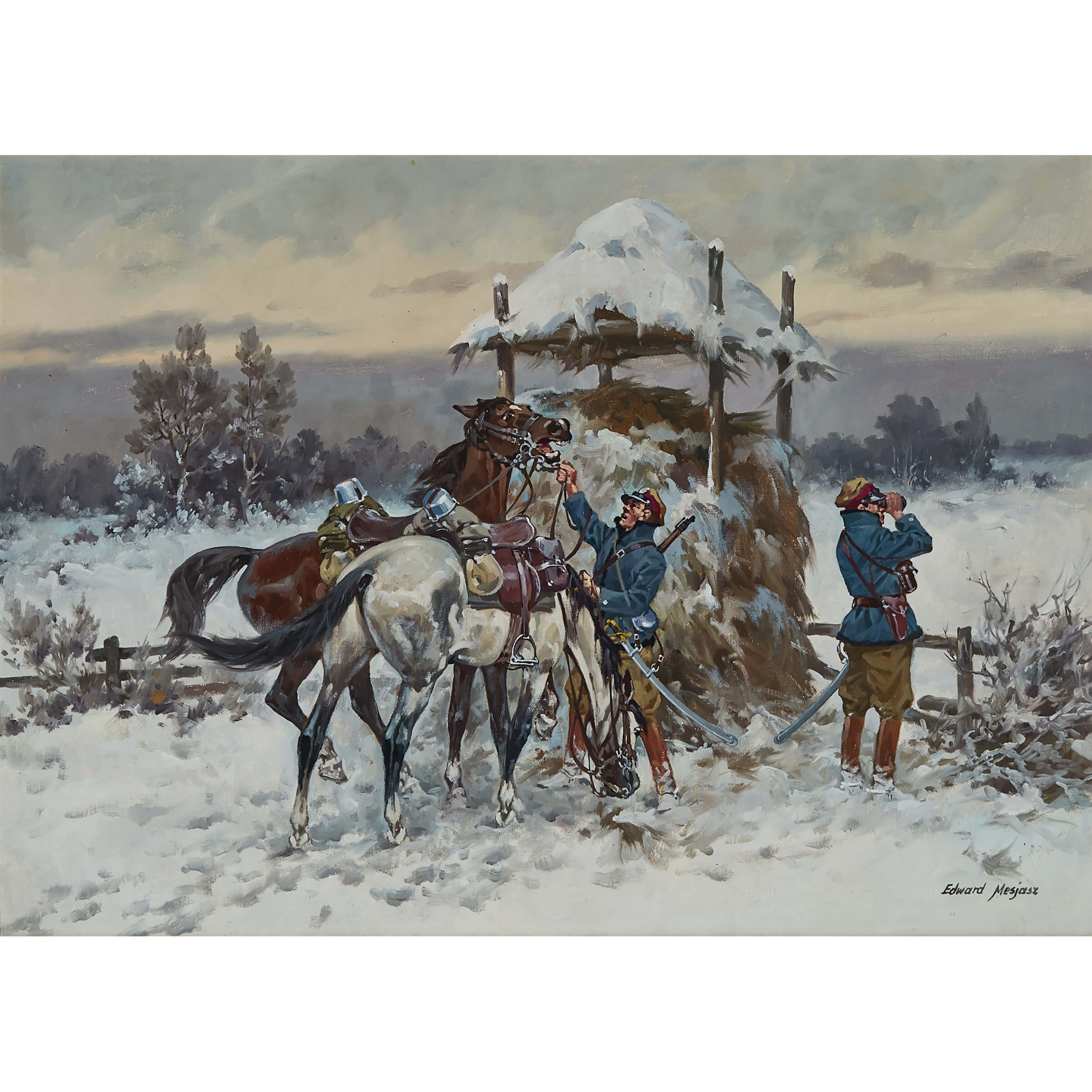 Artwork by Edward Mesjasz, WINTER PATROL (TWO POLISH OFFICERS AND THEIR HORSES IN SNOW), Made of Oil on canvas