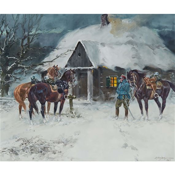OFFICER AND HORSES OUTSIDE POST