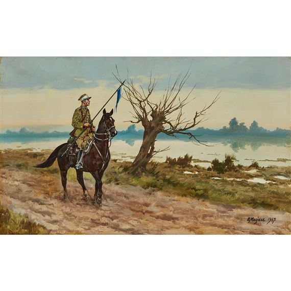 MOUNTED OFFICER HOLDING A REGIMENTAL FLAG