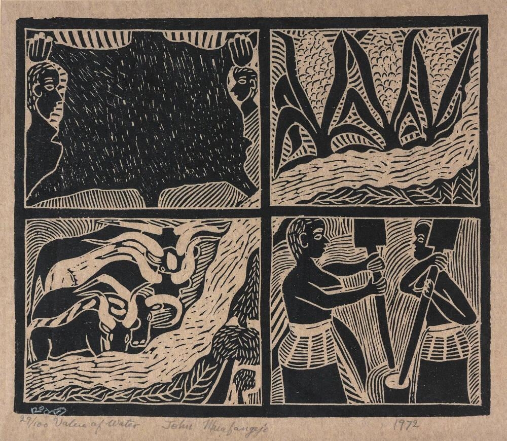 Artwork by John Ndevasia Muafangejo, Value of Water, Made of Linocut on paper