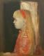 A profile portrait of a figure with pale skin and long blonde hair, wearing an orange garment.