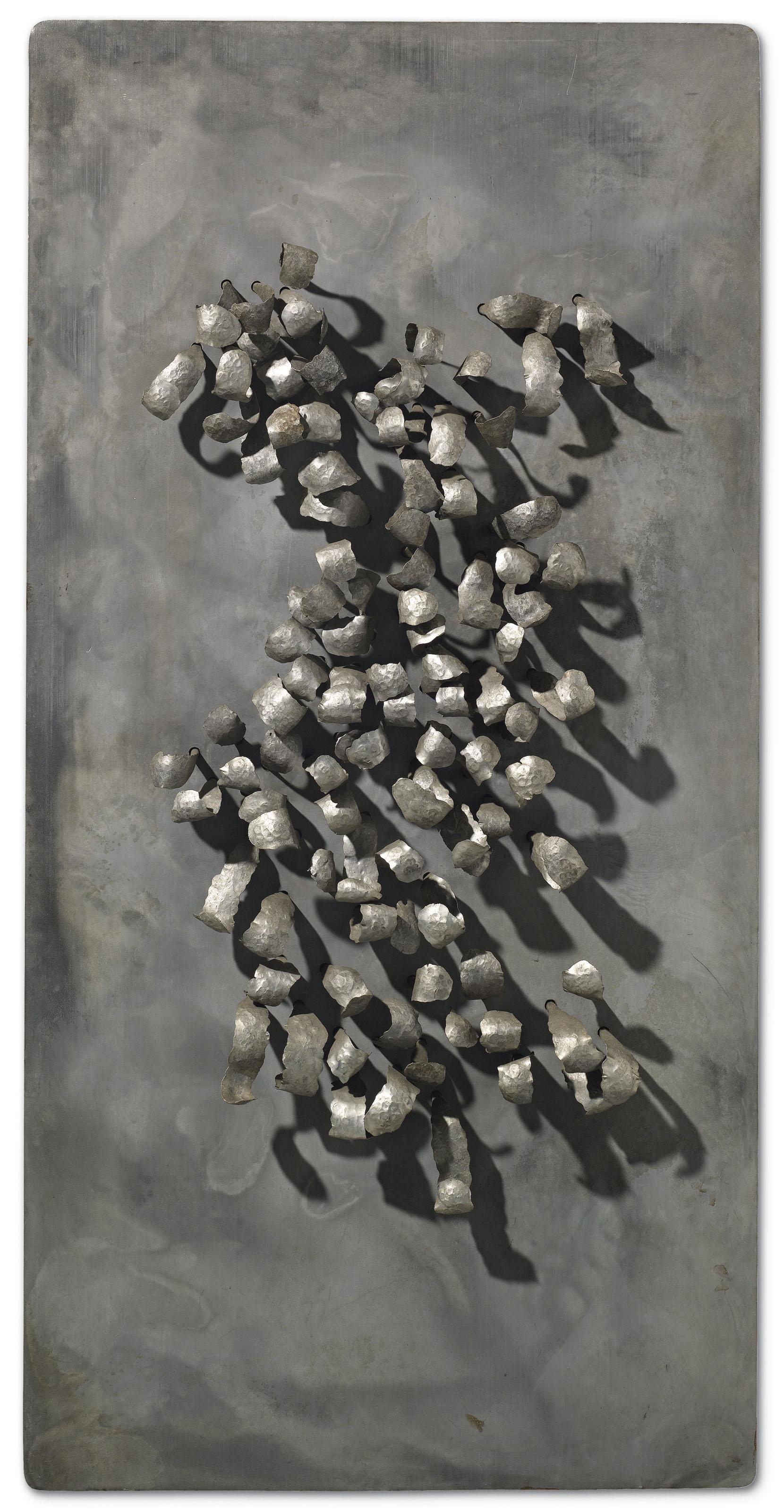 Artwork by Pol Bury, Vibratile, Made of mobile metal elements on aluminium sheet laid on board