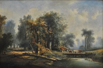 Landscape with figures leading cattle over a footbridge - Richard Colkett