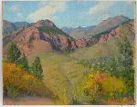 A landscape painting of a mountain valley with autumn foliage and distant peaks.