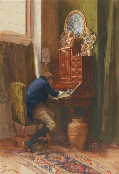 Wilhelm Bernatzik | A young man in stockings at a writing desk | MutualArt