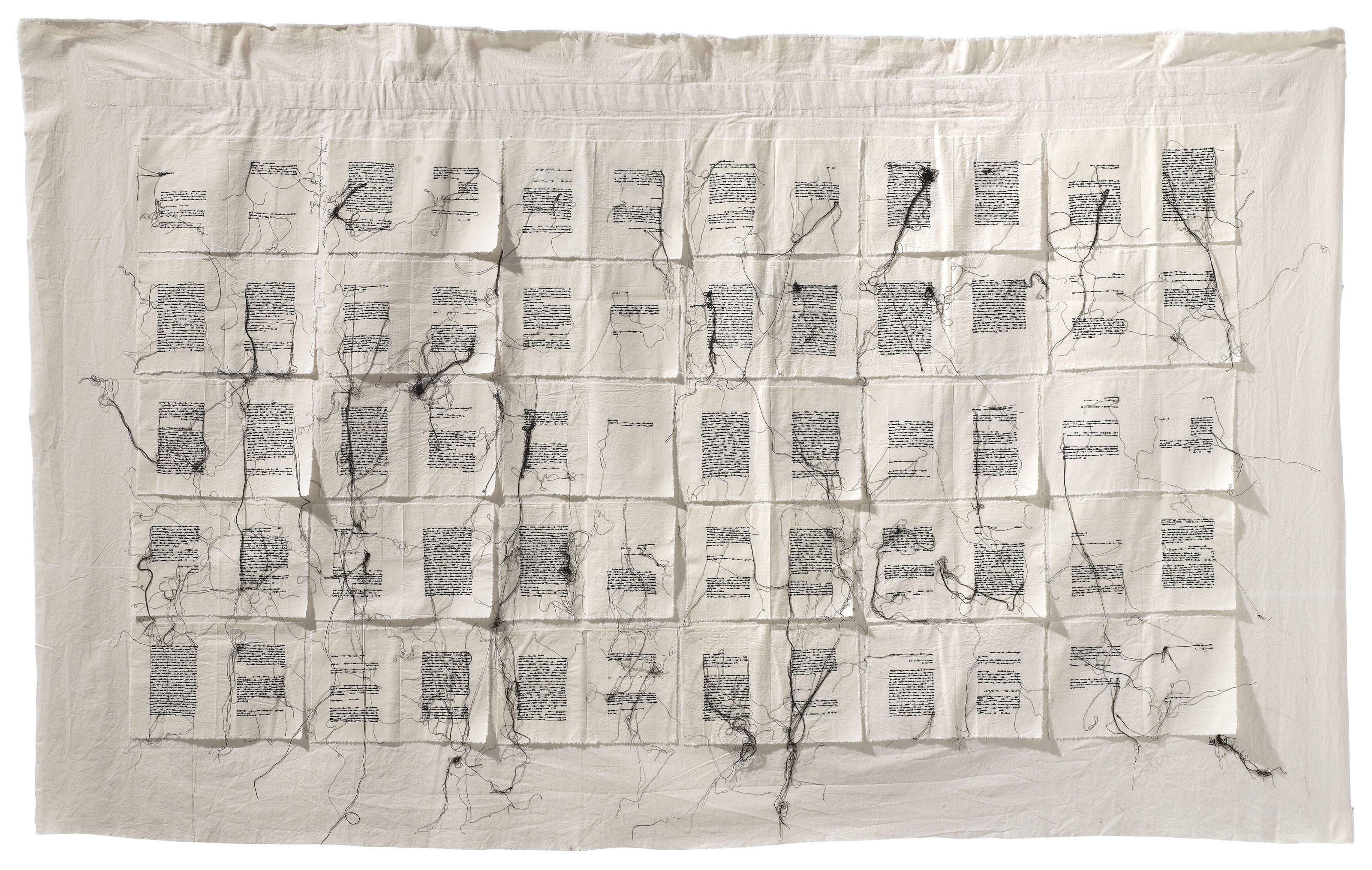 Artwork by Maria Lai, Lenzuolo (Bed Sheet), Made of thread and fabric laid down on fabric