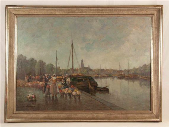 Hafenszene mit Blumenmarkt by Hans Harländer