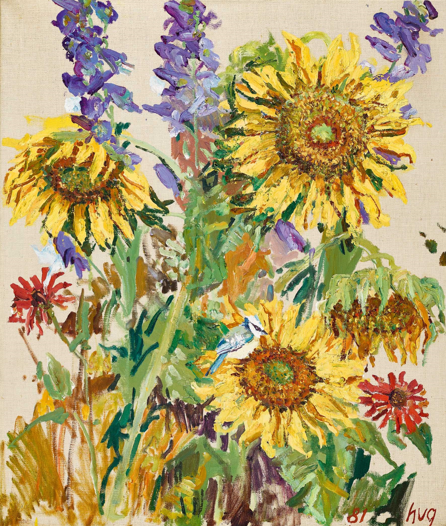„Blaumeise in Sonnenblumen“ by Fritz Rudolf Hug, 1981