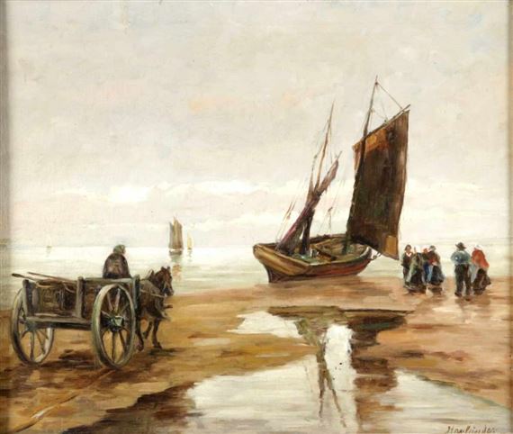 Friesische Küste m. Arbeitern u. Fischerbooten by Hans Harländer