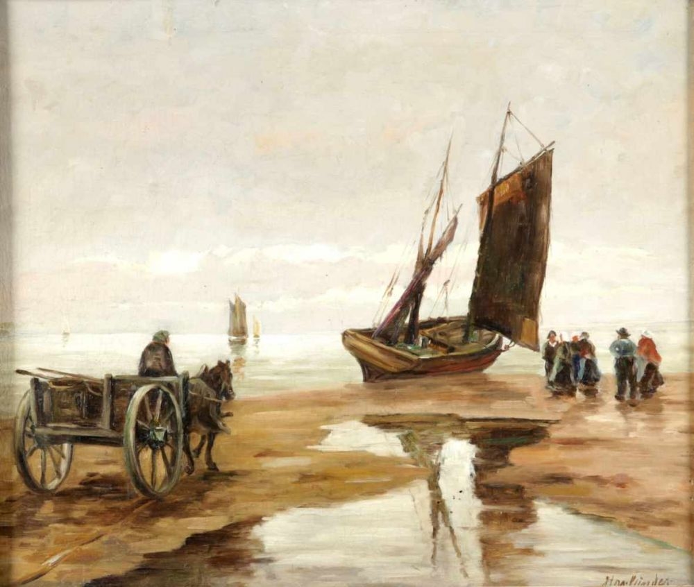 Artwork by Hans Harländer, Friesische Küste m. Arbeitern u. Fischerbooten, Made of oil on board