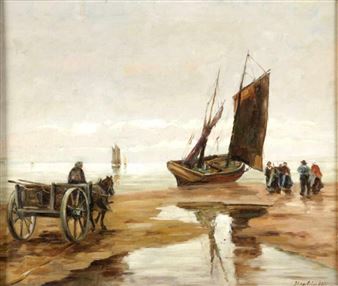 Friesische Küste m. Arbeitern u. Fischerbooten - Hans Harländer