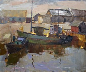 Harbourscape in pastel coloures - Alexander Andrejevitsj Rodin