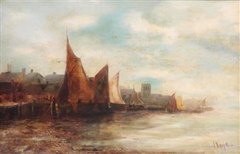 A Harbour Scene with Boats Moored at Low Tide - J. Bakoot