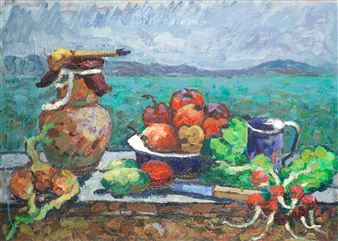 Still life of peppers and radishes on a ledge - Mikhail Vladimirovich Matorin