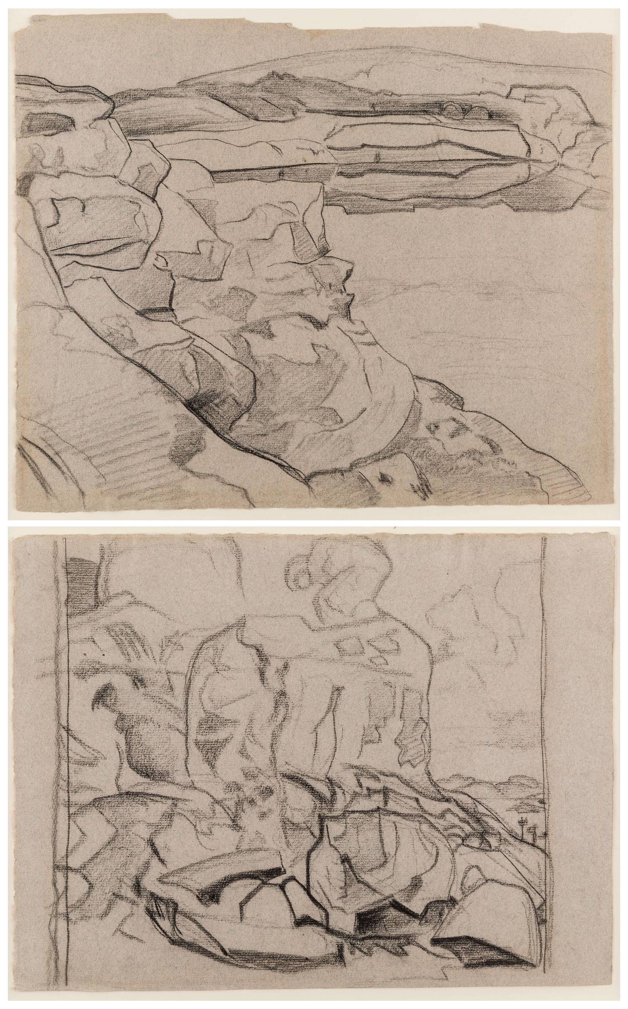 Artwork by Nicholas Roerich, 2 Works: Etude for Land of Giants, Etude for Mountain Lake, Made of Charcoal on paper