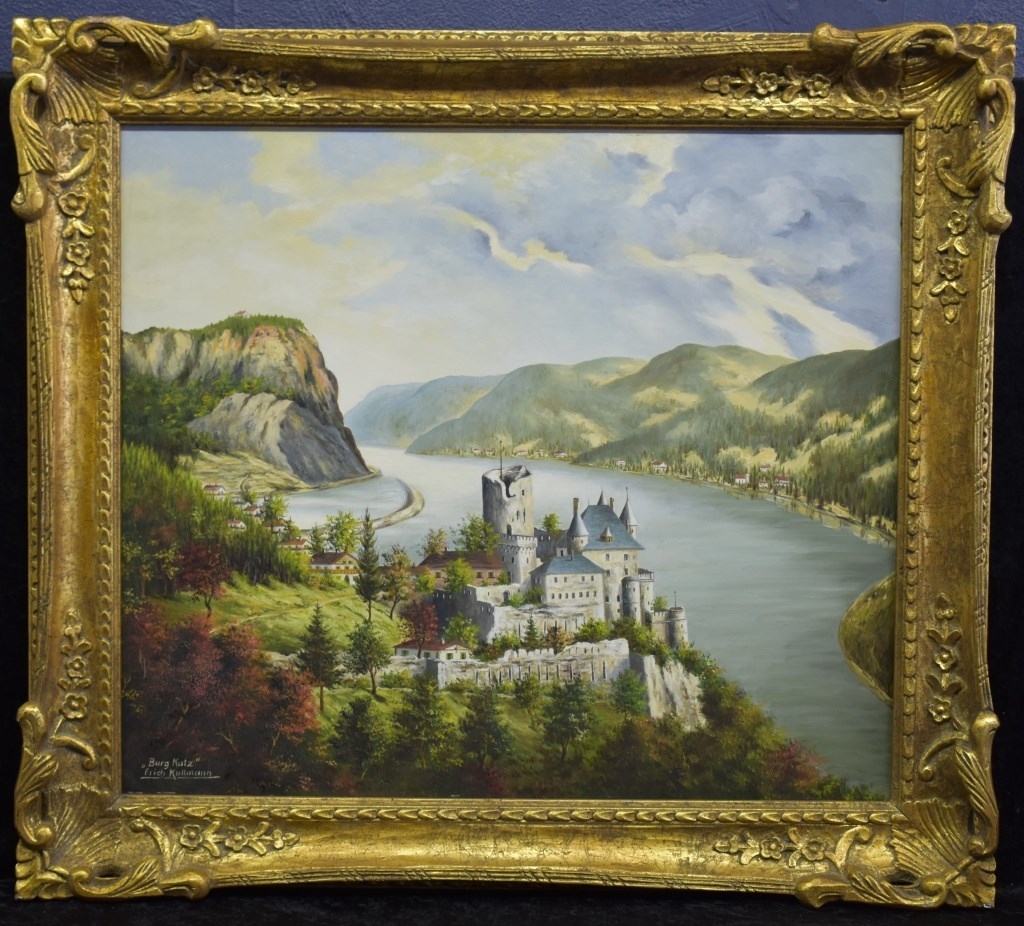 Artwork by Erich Kullmann, Depicting Katx Castle in the German town of St. Goarshausen, Made of oil on board