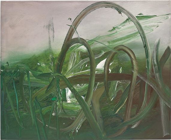 An abstract painting featuring tangled green and brown forms against a muted background.