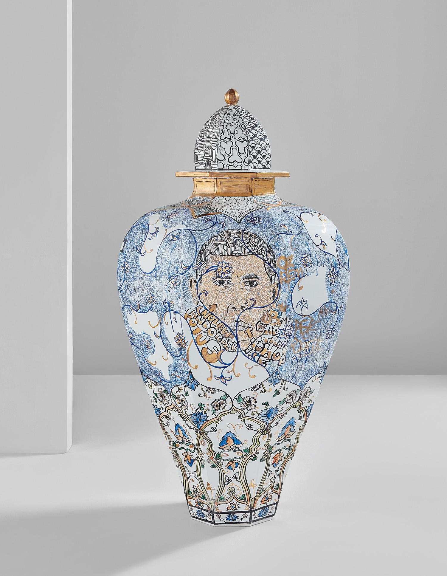 Artwork by Roberto Lugo, Obama and Me, Made of porcelain, China paint, and lustre glaze