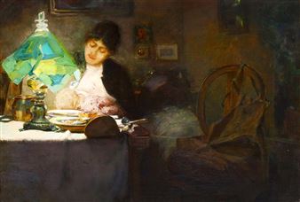Mother and baby in an interior by lamplight - Anton Mangold